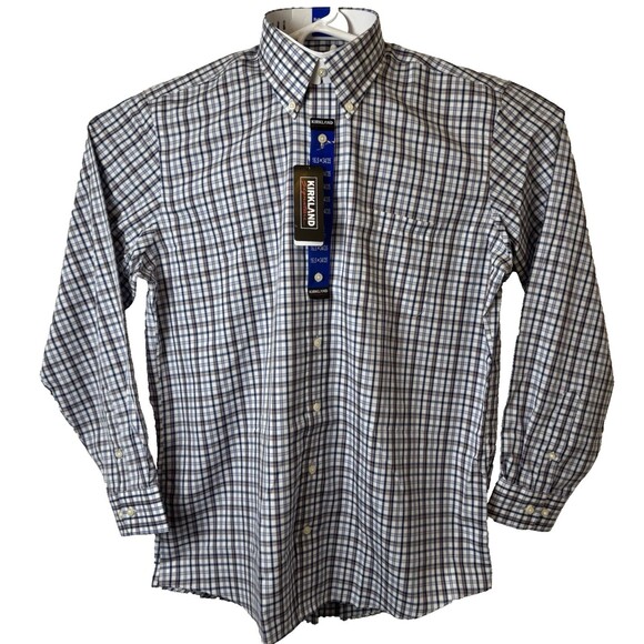 Kirkland Mens 16.5x34/35 Blue & Brown Traditional Fit Non-Iron Button Down Shirt - Picture 2 of 4